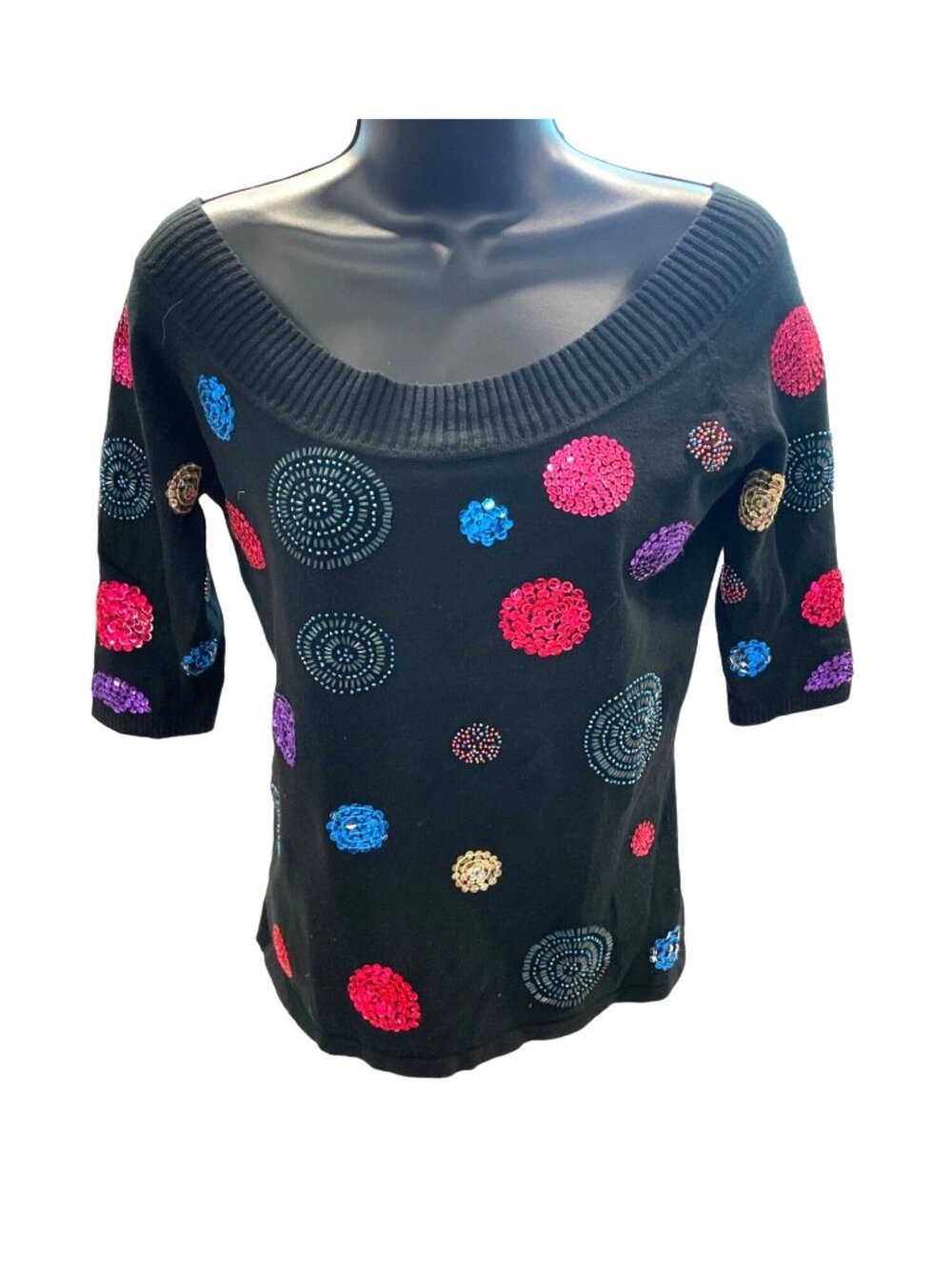 Black Cache Medium Beaded Embellished Sweater Knit Top Whimsy Colorful Party